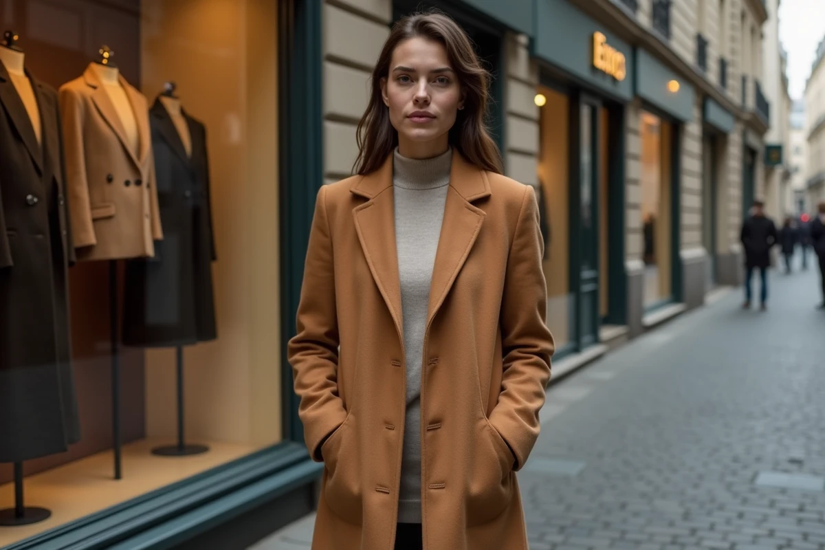 Femme élégante portant un manteau camel avec poches cousues dans une rue parisienne, illustrant le look chic des manteaux aux poches fermées