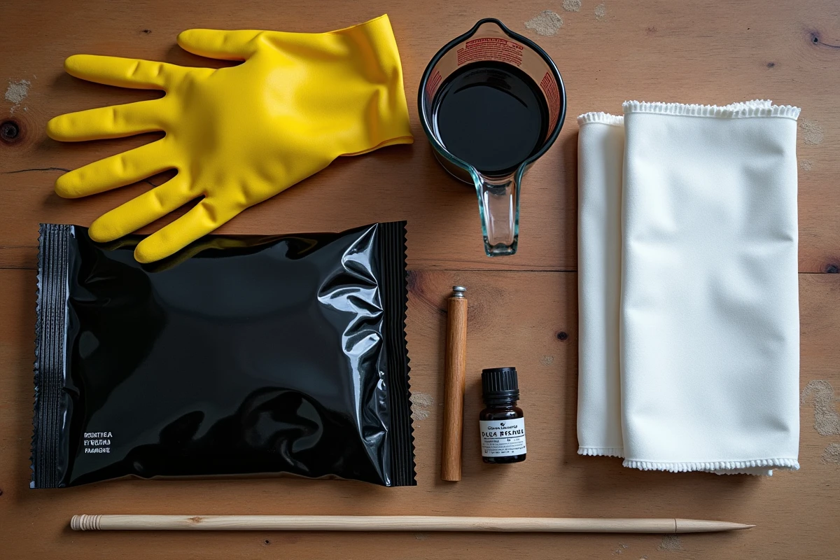 Vue aérienne des matériaux nécessaires pour teindre du polyester en noir : teinture, gants, fixateur et tissu blanc sur table en bois