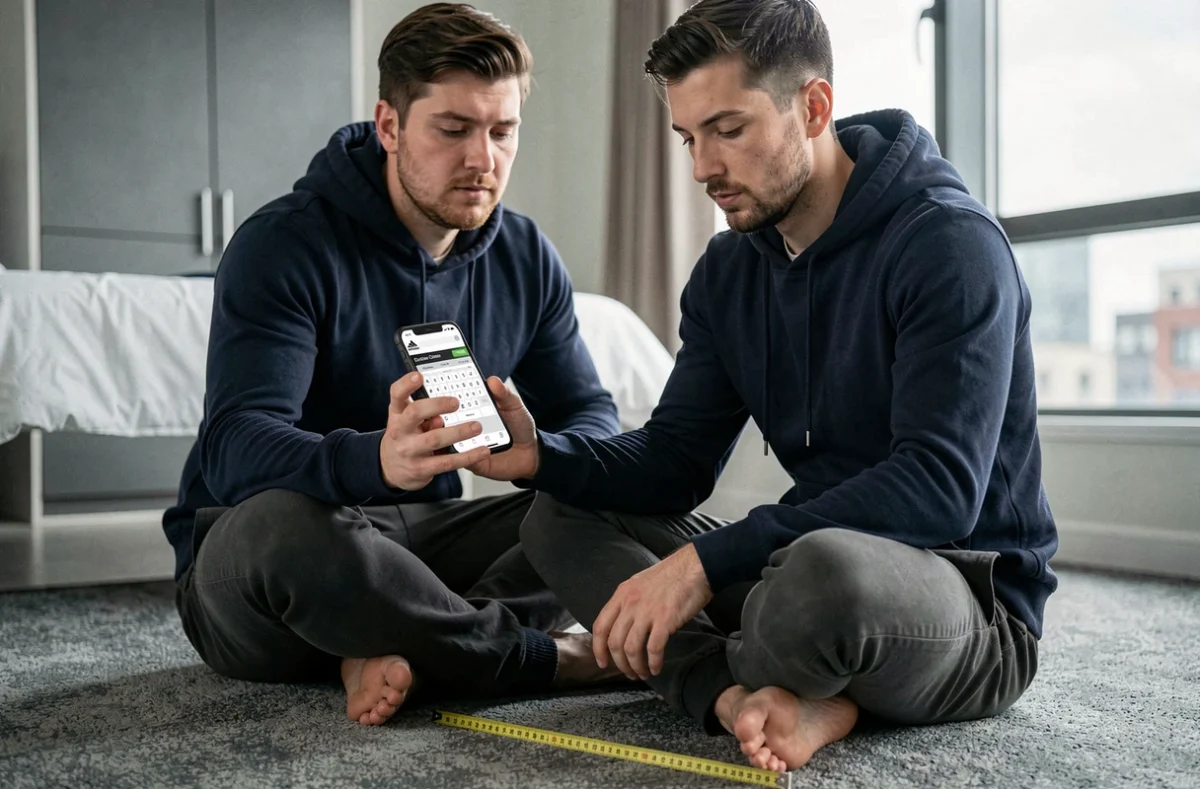 Homme mesurant son pied avec un mètre ruban avant de commander des chaussures Adidas en ligne sur smartphone