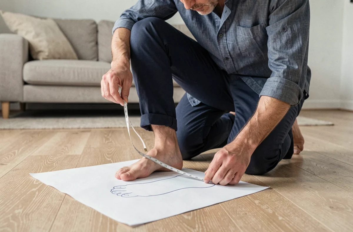 Homme mesurant son pied à la maison pour trouver sa taille de chaussure UK