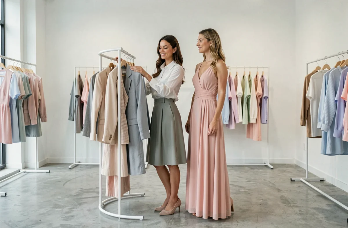 Deux femmes aux morphologies différentes dans une boutique de vêtements comparant leurs silhouettes