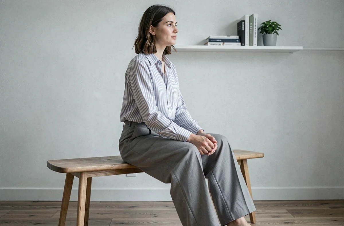 Femme assise en pantalon taille haute illustrant la morphologie en H ou rectangle