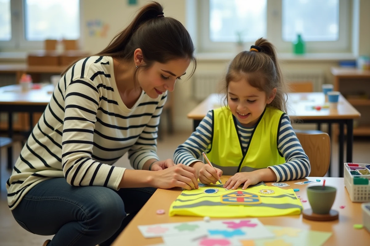 Enseignante aidant un enfant à personnaliser un gilet jaune de sécurité avec des patchs et de la peinture textile en classe