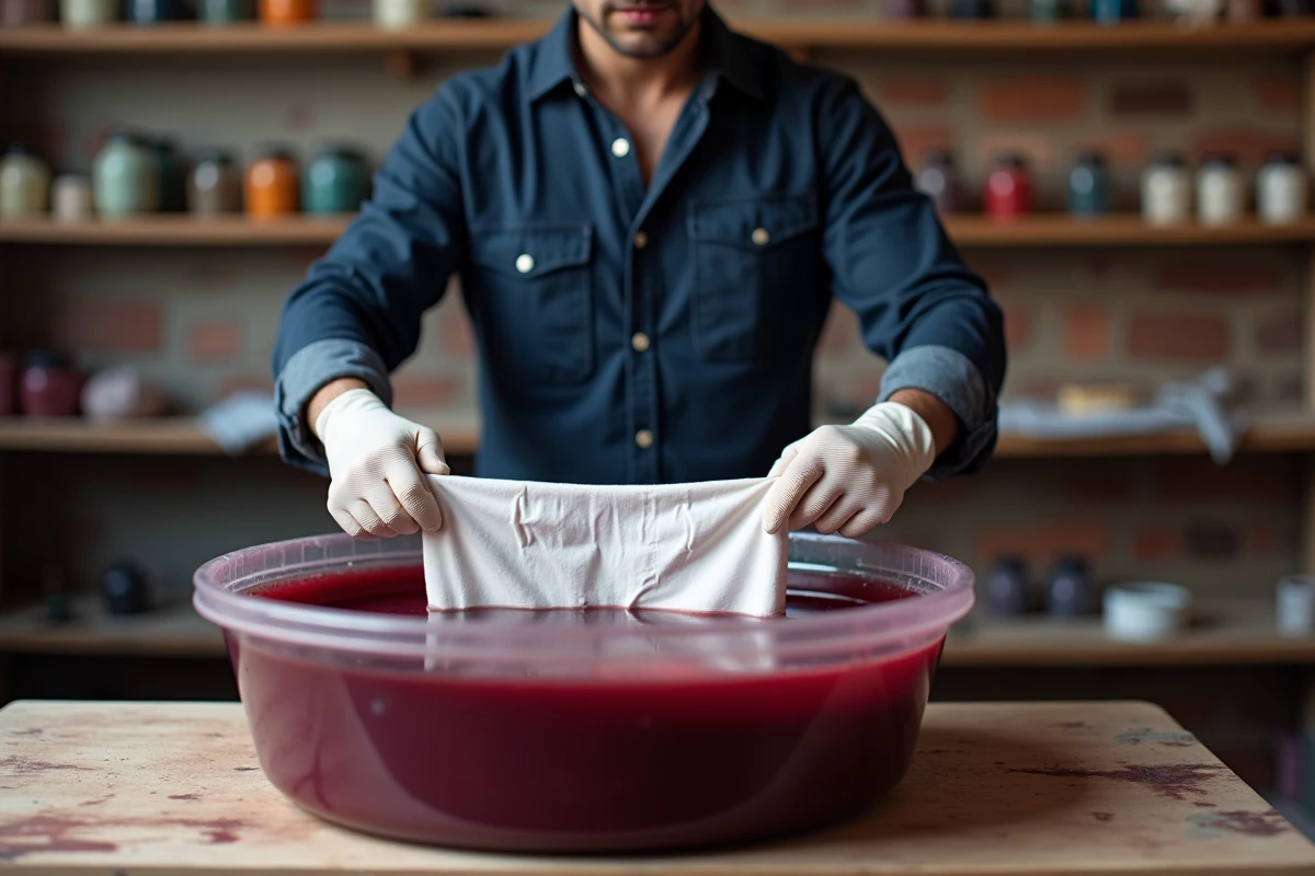 Homme plongeant un vêtement polyester blanc dans un bac de teinture bordeaux avec des gants en caoutchouc dans un atelier artisanal