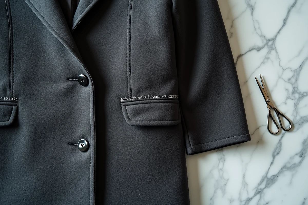Gros plan sur les poches cousues d'un manteau gris en laine avec un découd-vite posé à côté, symbolisant le dilemme mode des poches de manteau