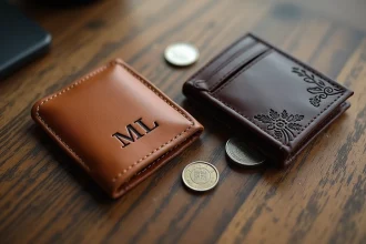 Porte-monnaie personnalisable en cuir tan avec initiales gravées et portefeuille marron avec motif floral, posés côte à côte sur un bureau en bois, vue du dessus