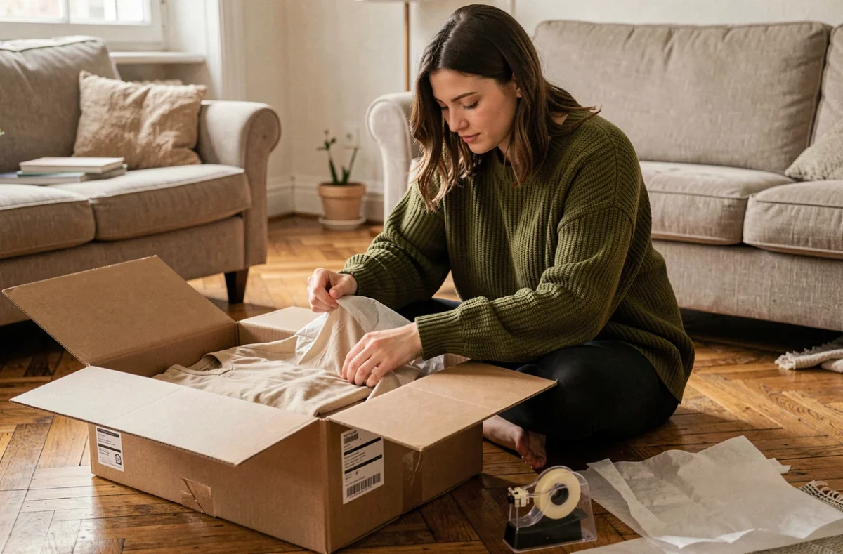 Jeune femme préparant un colis Vinted chez elle avant de le déposer en point relais partenaire