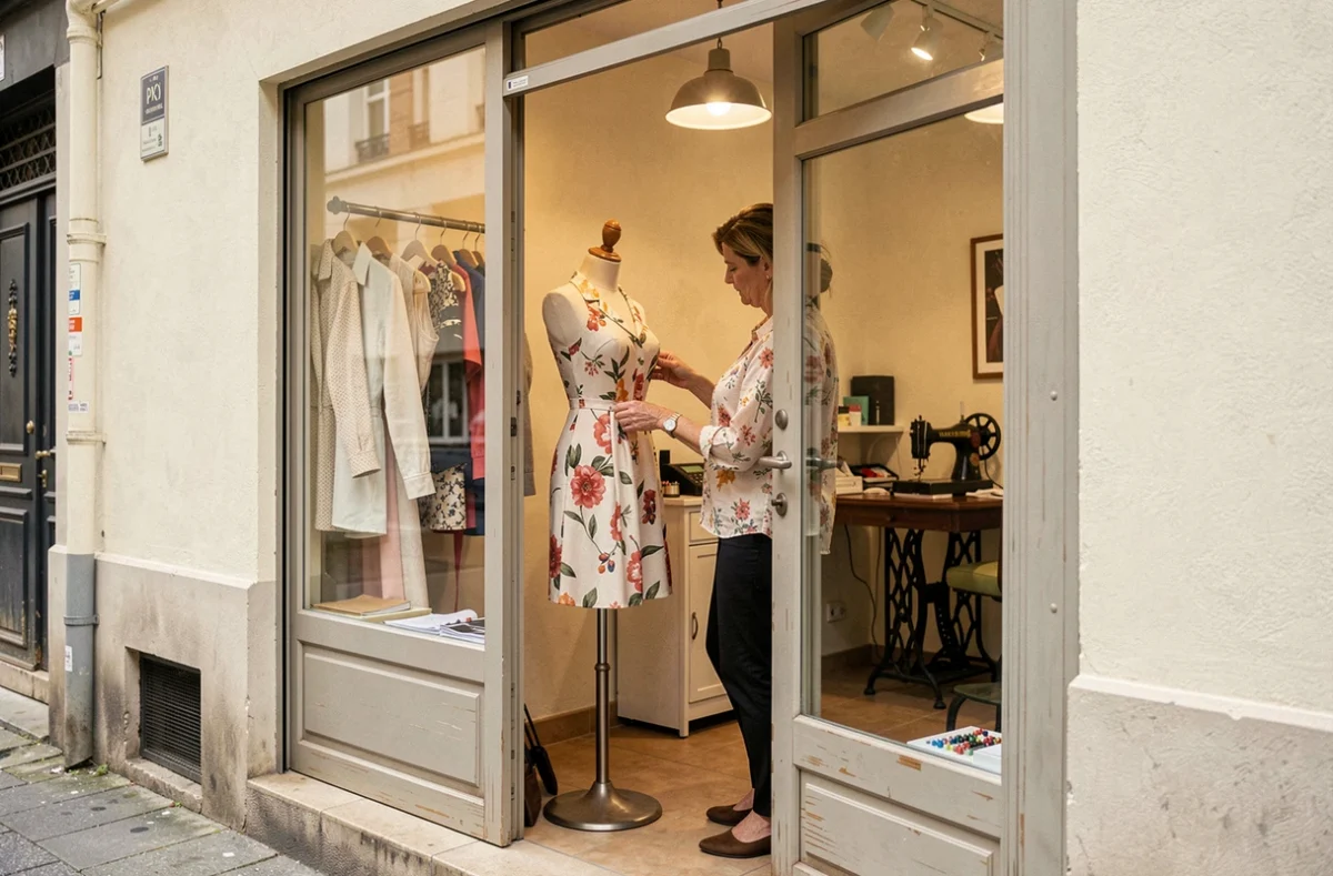 Retoucheuse épinglant l'ourlet d'une jupe sur un mannequin dans l'atelier Pressing Retouche Pantin
