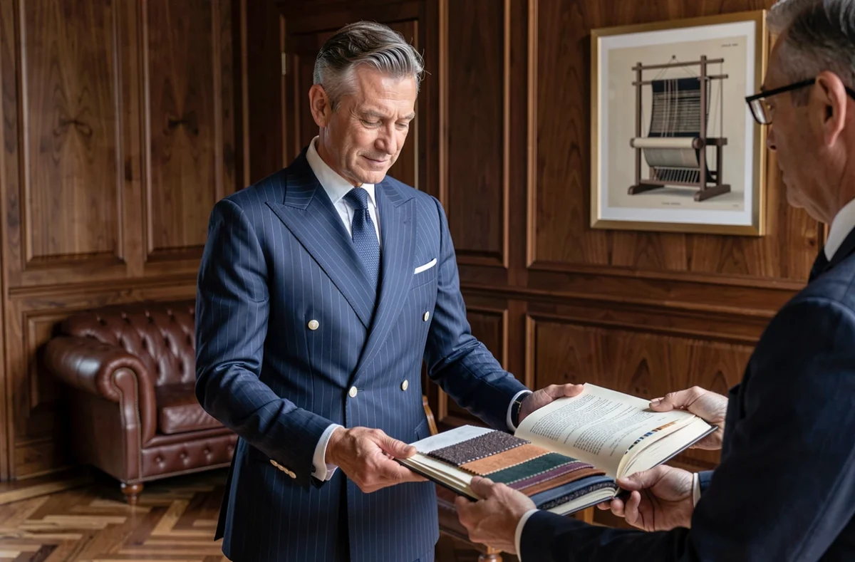 Client en costume double-boutonnage haut de gamme chez Prestige Bespoke dans le Nord
