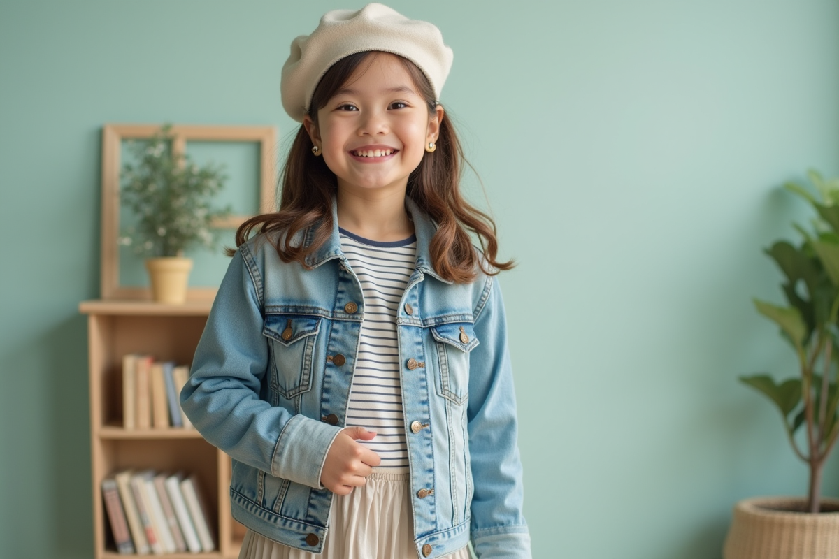 Jeune fille de 11 ans posant devant un mur pastel intérieur