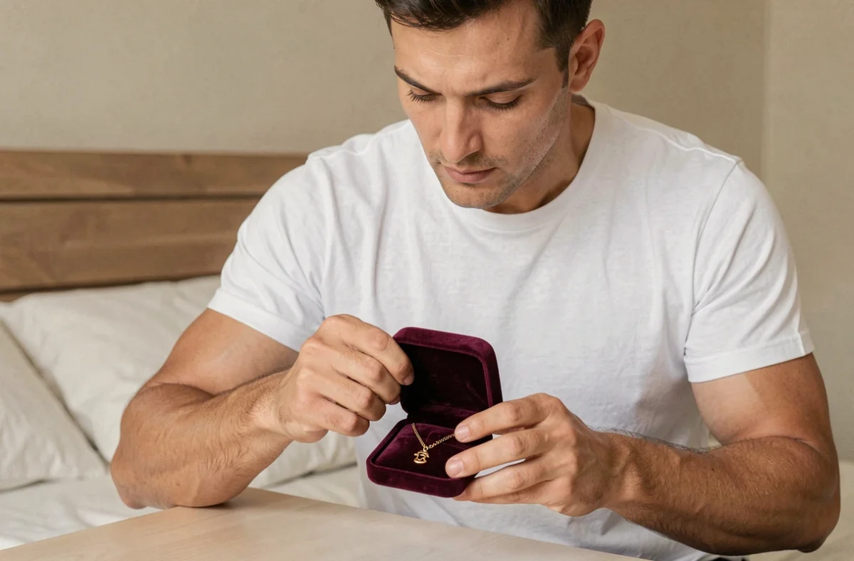 Homme rangeant un collier homme personnalisé doré dans une boîte à bijoux en velours sur une table de nuit