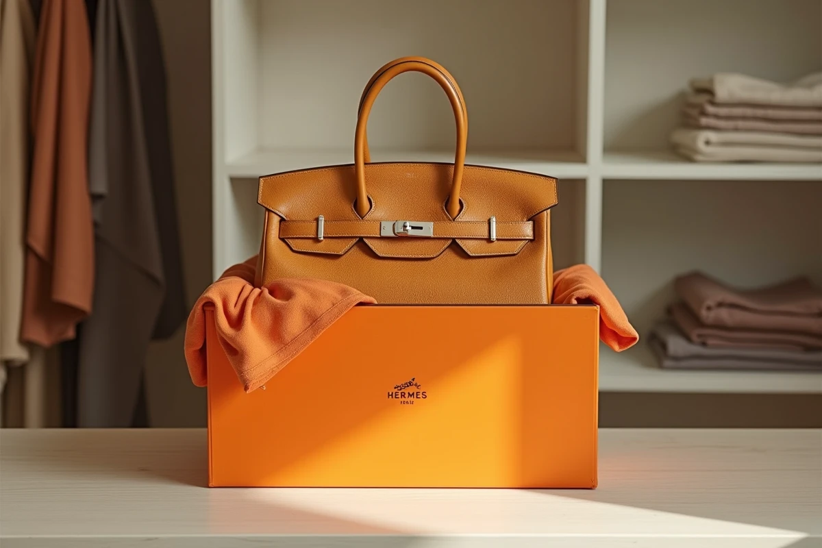 Sac Hermès Birkin 30 en cuir Epsom gold rangé dans sa housse et sa boîte orange d'origine sur une étagère de dressing minimaliste