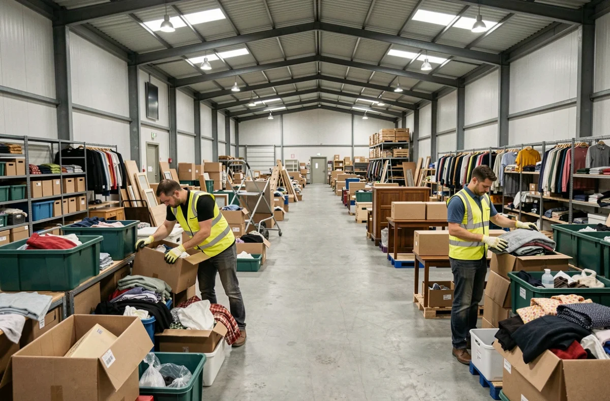 Travailleurs triant des donations dans le grand espace de La Recyclerie d'Emmaüs Lesquin aux portes de Lille