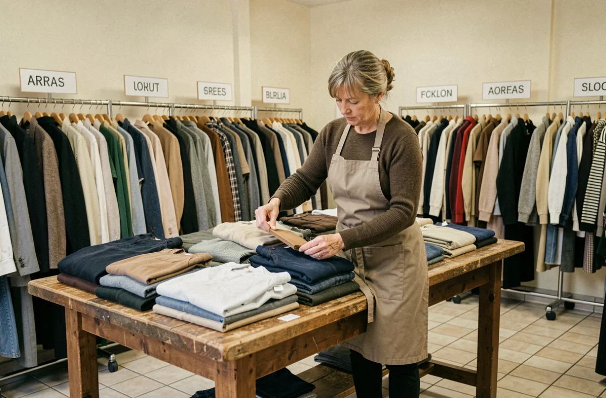 Employée triant et étiquetant des vêtements de seconde main soigneusement organisés à La Ressourcerie de l'Arrageois à Arras
