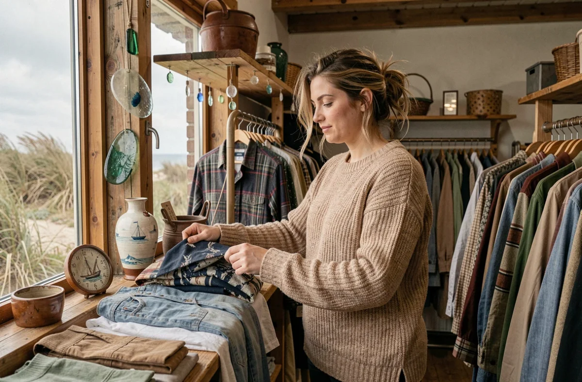 Gérante arrangeant des vêtements vintage et des objets maritimes à La Ressourcerie du Littoral sur la Côte d'Opale