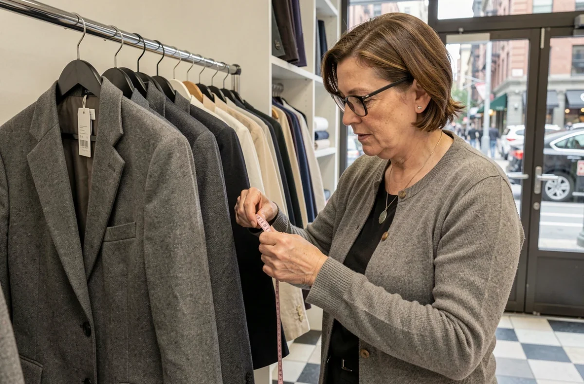 Retoucheuse mesurant la manche d'un blazer dans la boutique Retouche Raspail proche du centre-ville