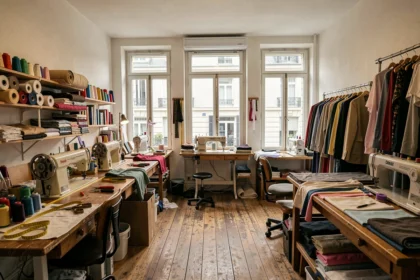 Vue générale d'une retoucherie artisanale en Seine-Saint-Denis avec machines à coudre et vêtements en attente