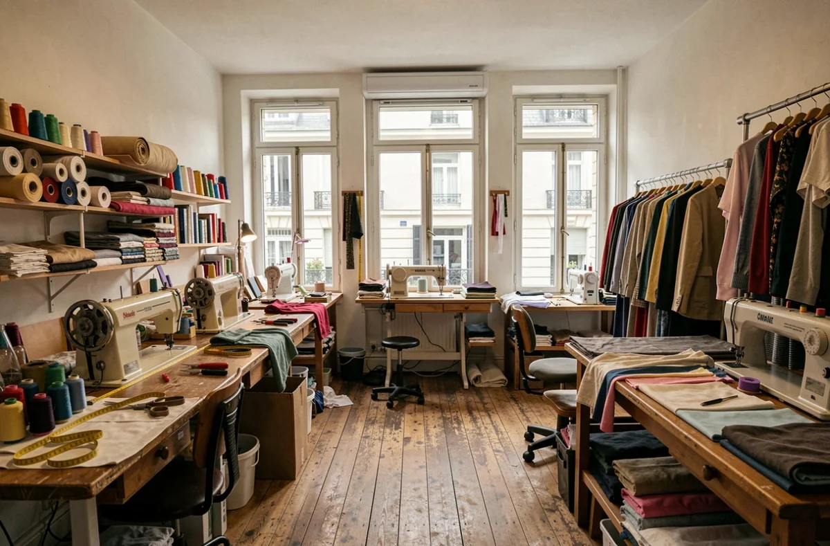 Vue générale d'une retoucherie artisanale en Seine-Saint-Denis avec machines à coudre et vêtements en attente