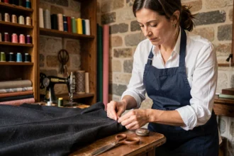 Retoucheuse experte en train de recoudre une robe en laine dans un atelier de retouches parisien au style artisanal