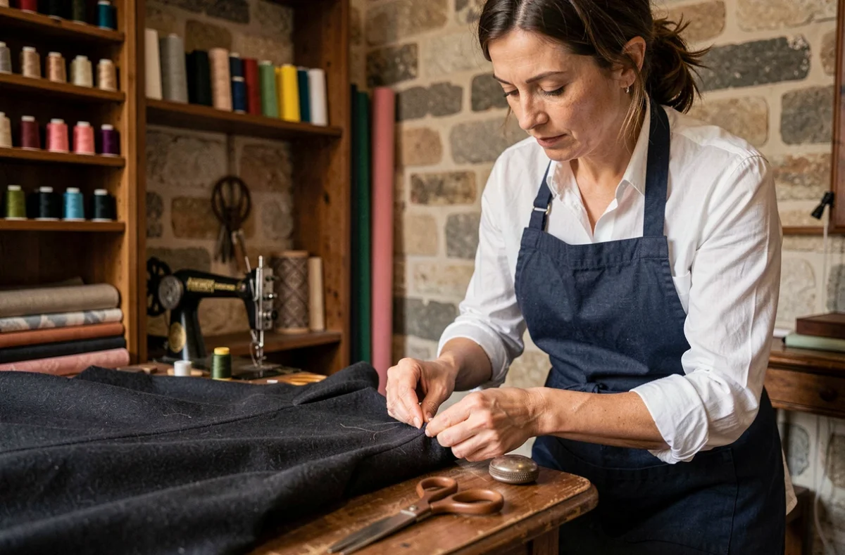 Retoucheuse experte en train de recoudre une robe en laine dans un atelier de retouches parisien au style artisanal