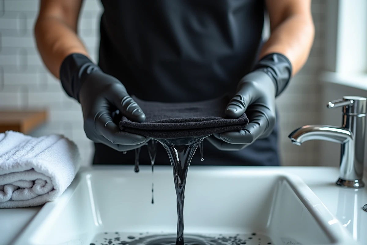 Rinçage d'un vêtement polyester teint en noir profond au-dessus d'un évier, gants noirs et tissu dégoulinant d'eau colorée