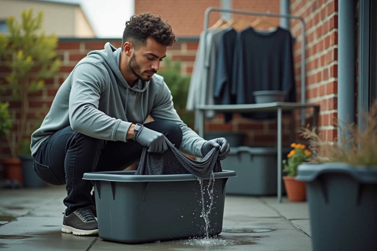 Homme rinçant un vêtement de sport teint en noir dans un bac sur un balcon, tissu élastique visible dans l'eau