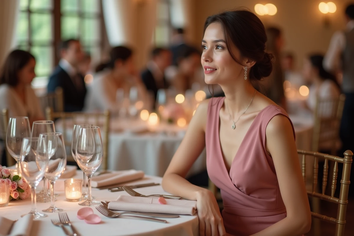 Femme assise en robe courte rose cocktail avec accessoires discrets lors d'une réception de mariage