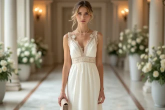 Femme en robe courte cocktail ivoire accessoirisée avec collier doré et clutch nude lors d'un mariage