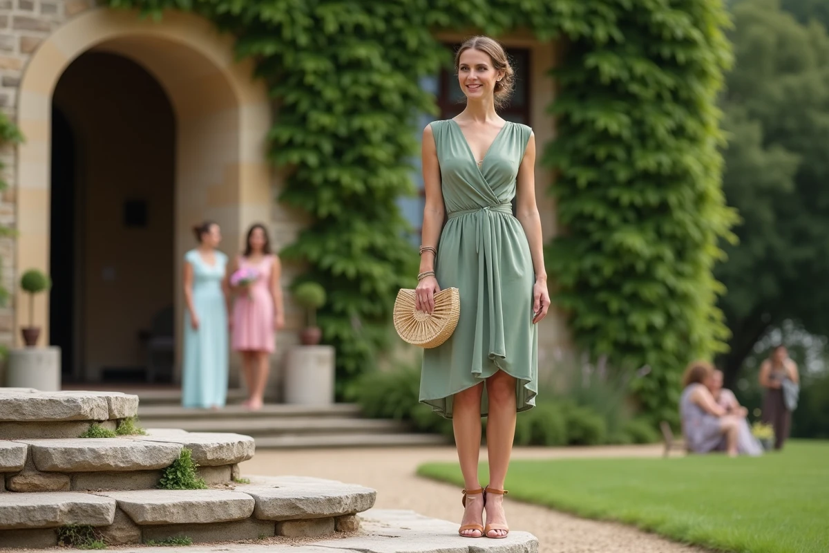 Femme en robe courte cocktail verte sauge avec sandales et clutch en raphia devant un château de mariage
