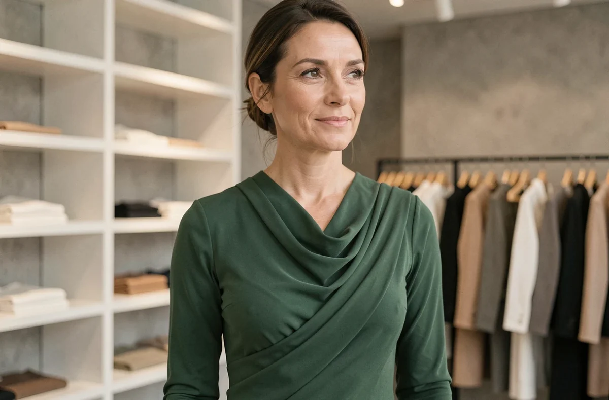 Femme en robe moulante verte à col bénitier et drapé asymétrique dans une boutique contemporaine