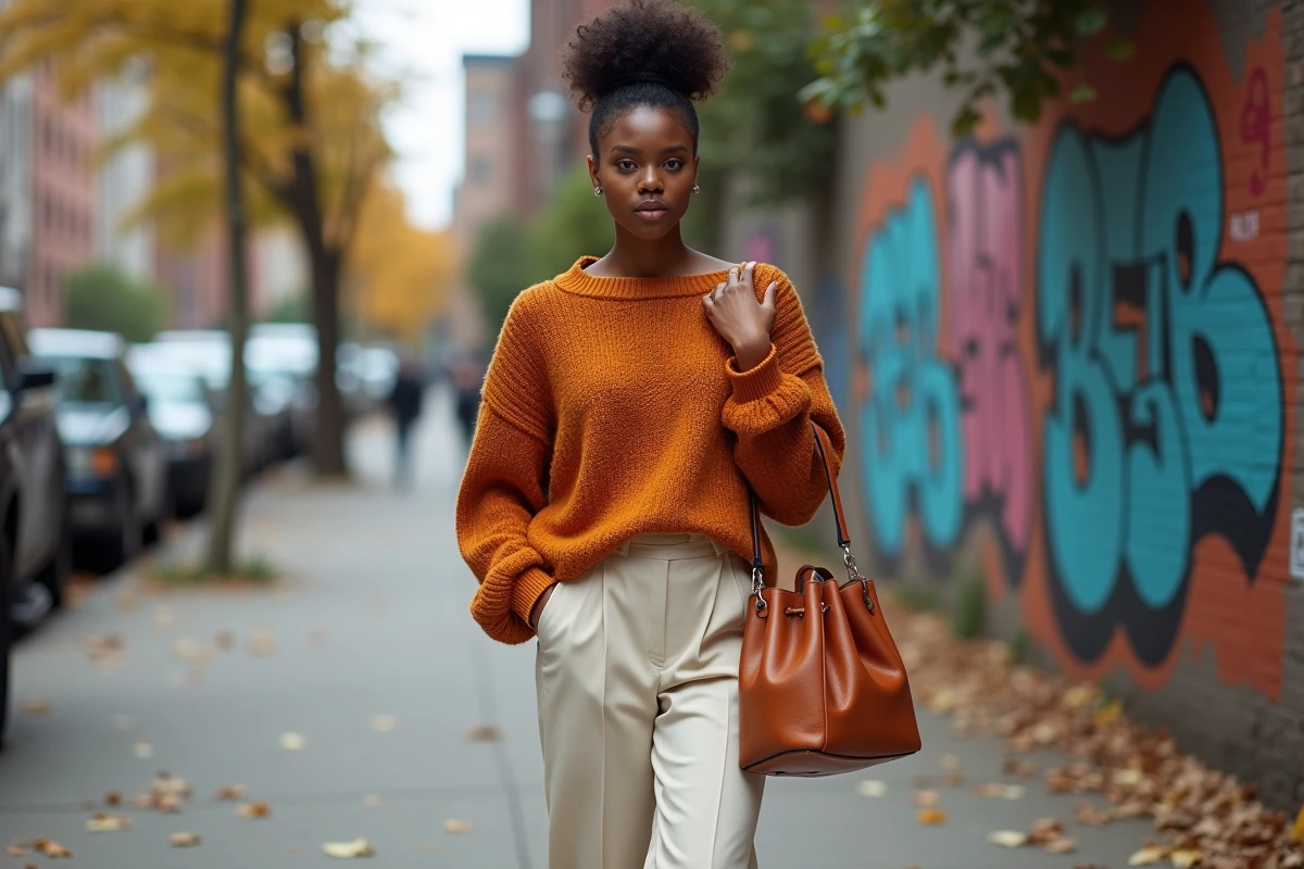 Jeune femme marchant en ville avec un sac caramel tendance 2026 associé à une tenue automnale en rust et crème