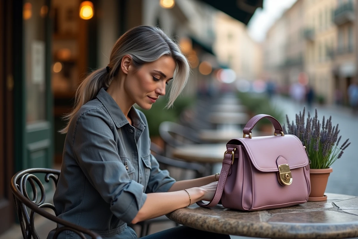 Femme élégante avec un sac mauve tendance 2026 posé contre sa chaise dans un café parisien en terrasse