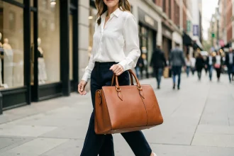 Femme portant un sac sport en cuir cognac structuré avec coutures visibles dans un cadre urbain élégant