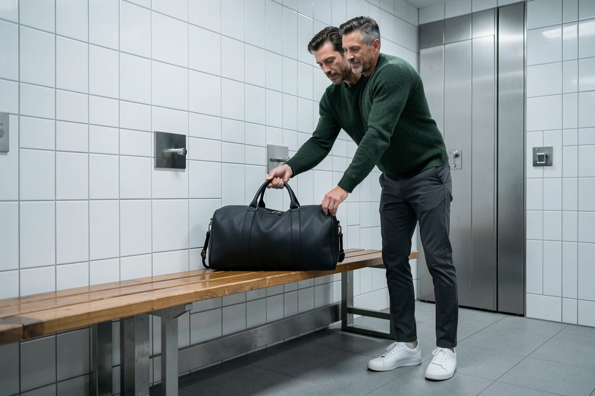 Homme déposant un sac de sport en cuir noir haut de gamme sur un banc dans un vestiaire de gym minimaliste
