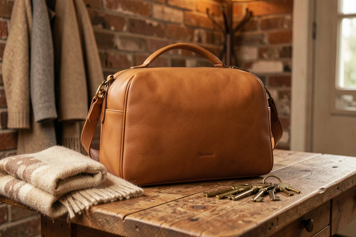 Sac sport en cuir pleine fleur camel posé sur une table en chêne avec accessoires élégants dans une entrée de maison décorée
