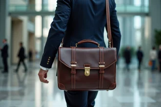 Homme en costume portant une sacoche cuir marron pour ordinateur portable dans un hall de bureau moderne