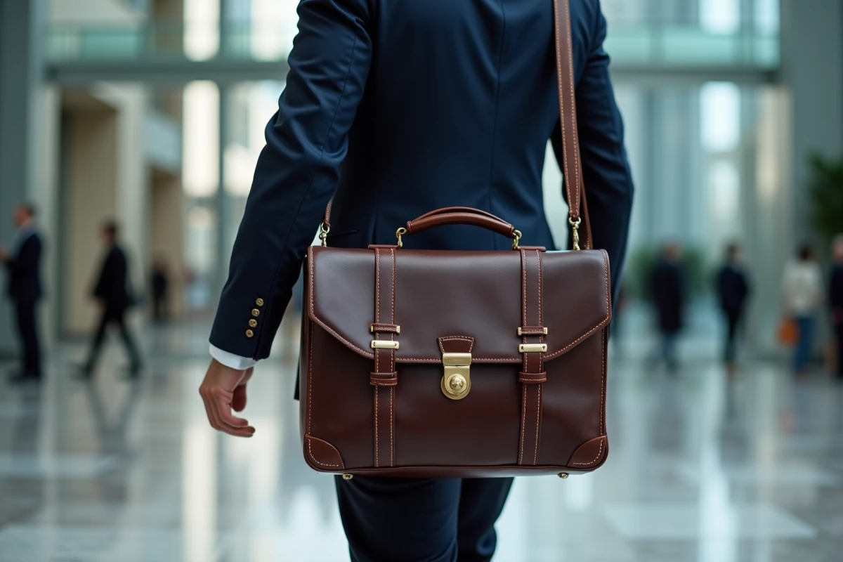 Homme en costume portant une sacoche cuir marron pour ordinateur portable dans un hall de bureau moderne
