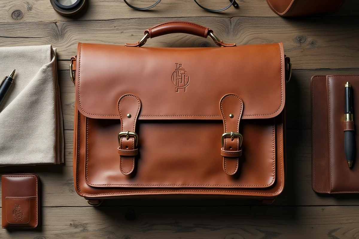 Sacoche cuir cognac pour ordinateur homme en flat-lay avec accessoires de bureau élégants sur un bureau en chêne