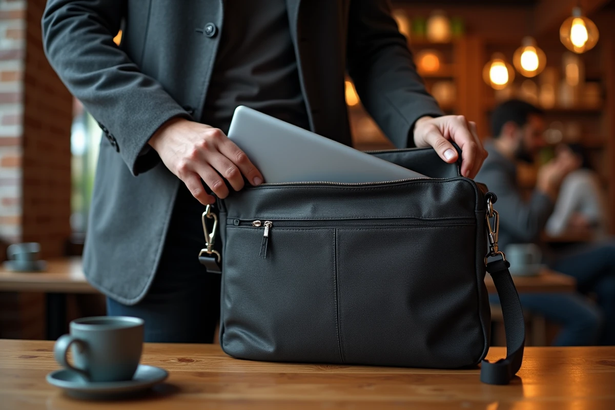 Sacoche ordinateur en cuir noir posée sur une table de café par un homme en manteau gris urbain
