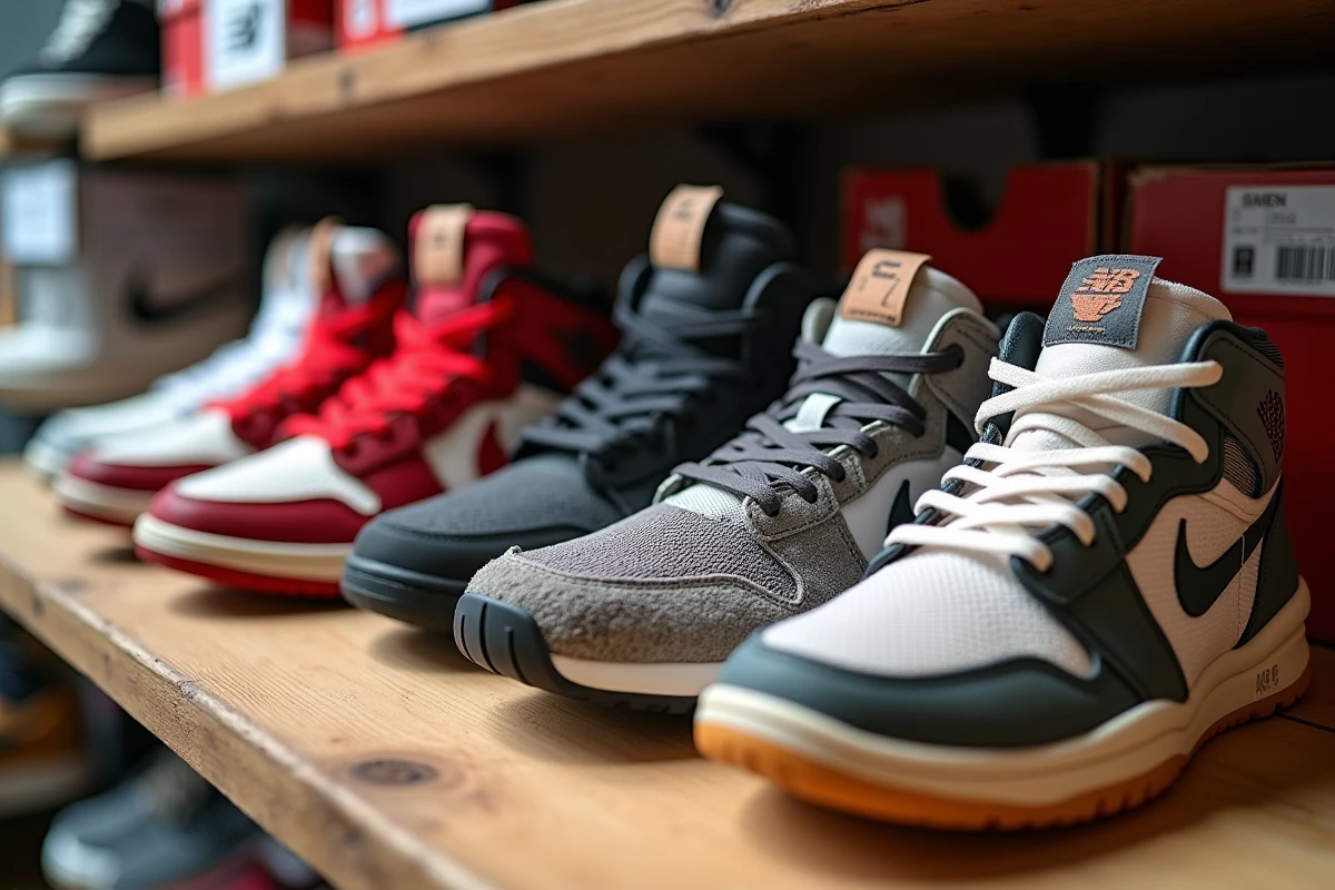 Détail de trois paires de sneakers rares en édition limitée exposées dans la boutique Snatch à Lorient sur une surface en bois brut