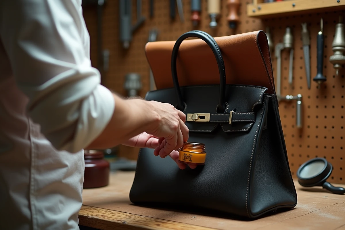 Mains d'un artisan appliquant un conditionneur sur un sac Hermès Birkin 30 noir ouvert dans un atelier de maroquinerie professionnel