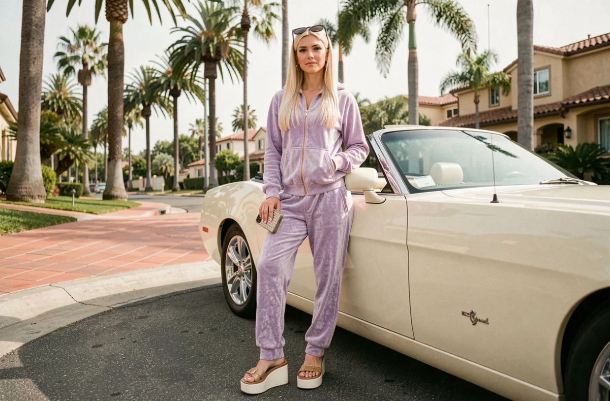 Femme en survêtement velours pastel style Paris Hilton années 2000 devant une décapotable dans une rue glamour