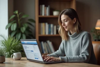 Femme consultant le suivi de commande sur monespace habillement depuis son ordinateur portable à domicile