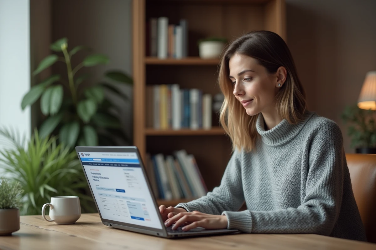 Femme consultant le suivi de commande sur monespace habillement depuis son ordinateur portable à domicile