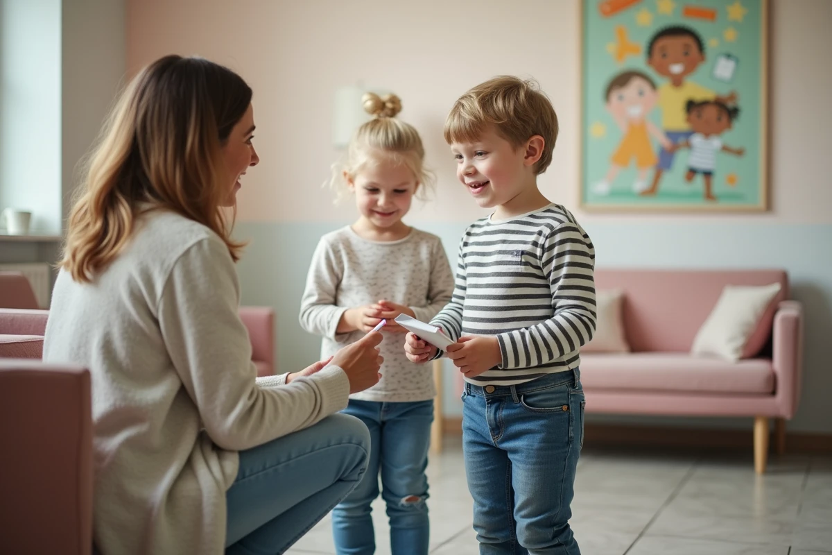 Garçon d'environ 6 ans et sa mère dans une salle d'attente pédiatrique, illustrant le suivi de la croissance enfantine