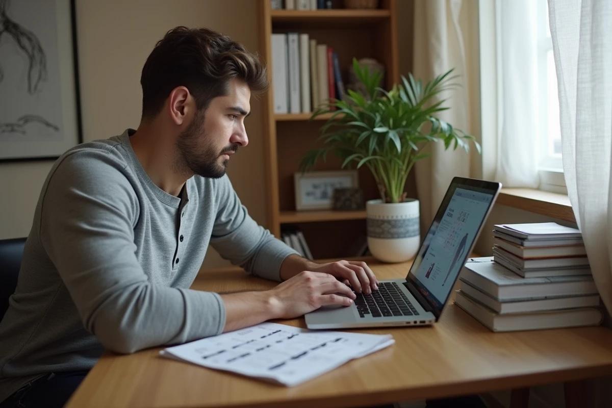 Homme consultant un tableau de conversion de tailles Australie-France sur un ordinateur portable à son bureau