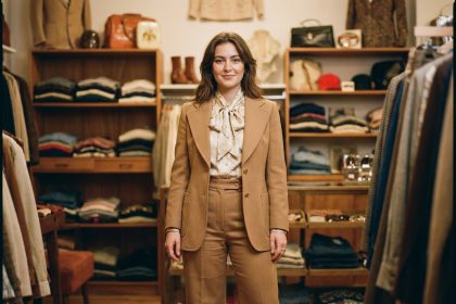 Femme portant un tailleur pantalon rétro années 70 en laine camel avec col pussybow dans une boutique vintage, style mode 2026