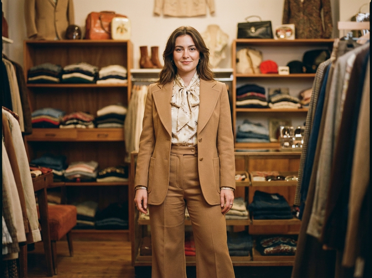 Femme portant un tailleur pantalon rétro années 70 en laine camel avec col pussybow dans une boutique vintage, style mode 2026
