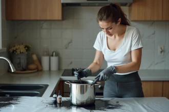 Femme teignant un legging de sport en noir dans une casserole de teinture sur un plan de travail de cuisine protégé