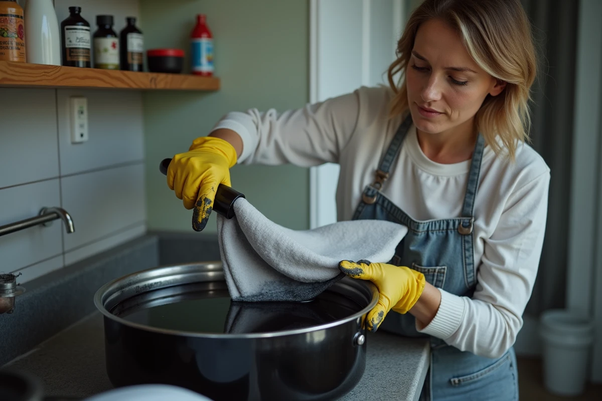 Femme teintant du tissu polyester en noir dans une casserole avec des gants de protection, processus de teinture artisanale à domicile